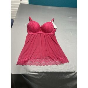 NWT Daisy Fuentes Babydoll Hot Pink Sheer Lace Bra Lingerie 2X With Panty‎